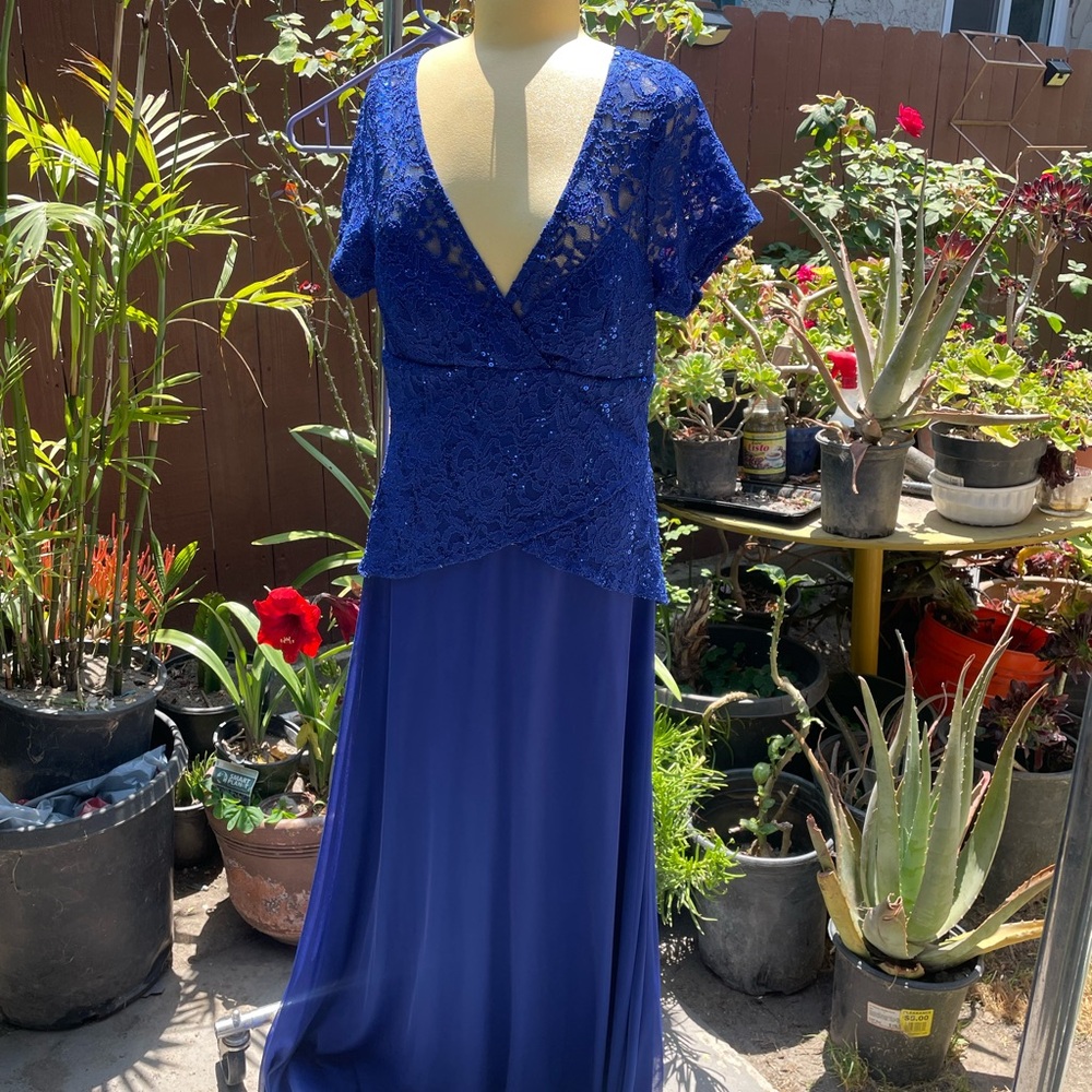 Blue Sequin Embellished V-Neck Gown